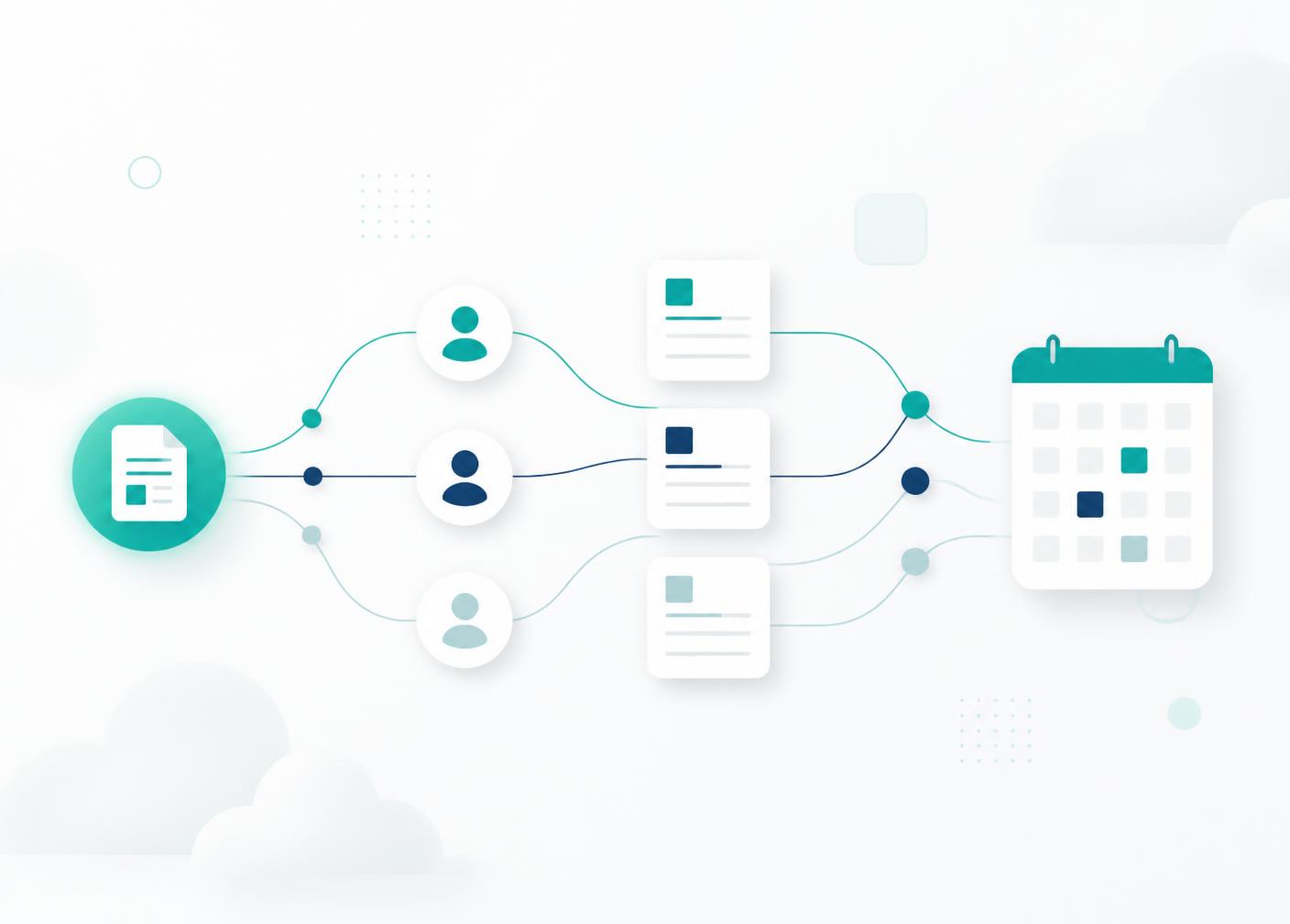 Abstract diagram of a small business workflow moving automatically from a new inquiry through customer records to a scheduled follow-up